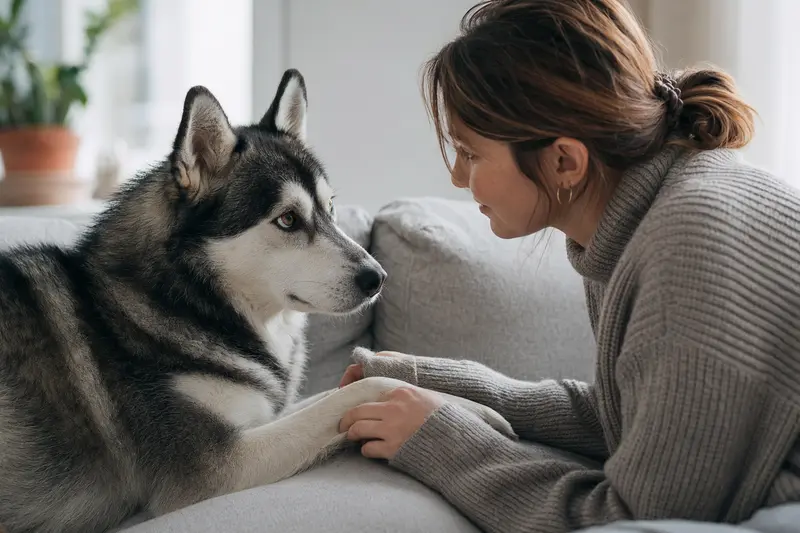 Ein aufmerksam blickender Alaska Husky in sanftem Licht mit freundlichem Ausdruck.